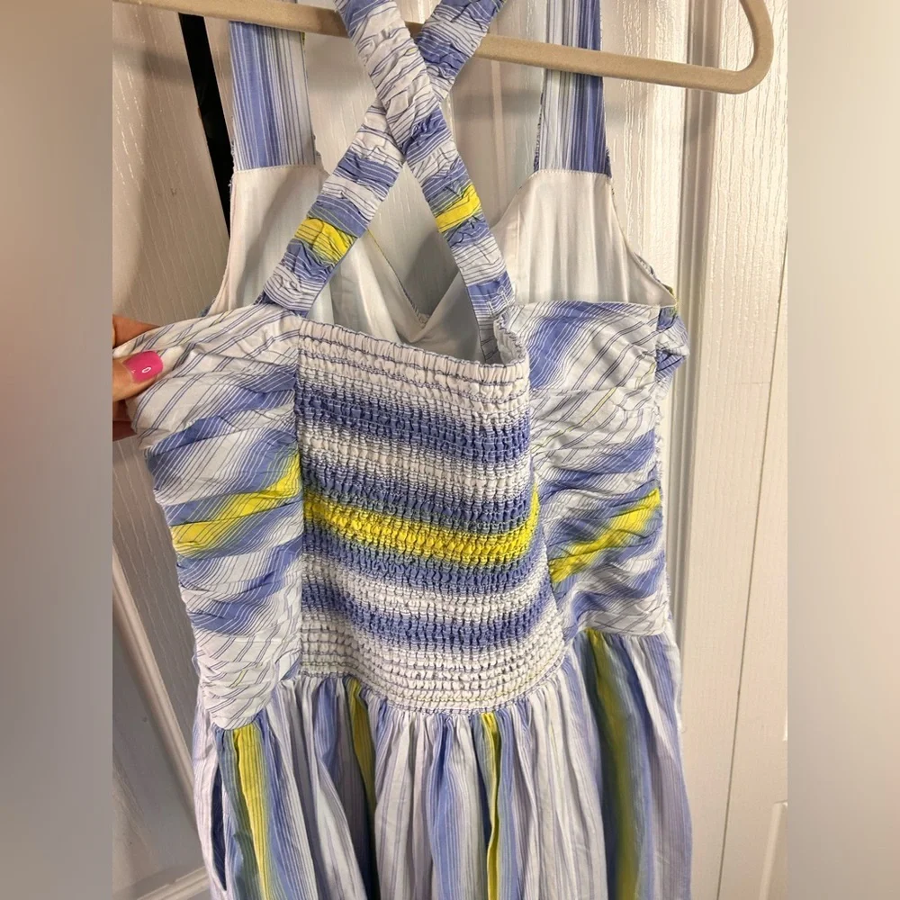 Anthropologie Square-Neck Drop-Waist Smocked Maxi Dress‎ Size Medium Blue Yellow - Picture 8 of 10